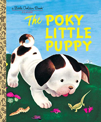 Cover of "The Poky Little Puppy" featuring a spotted puppy and insects.