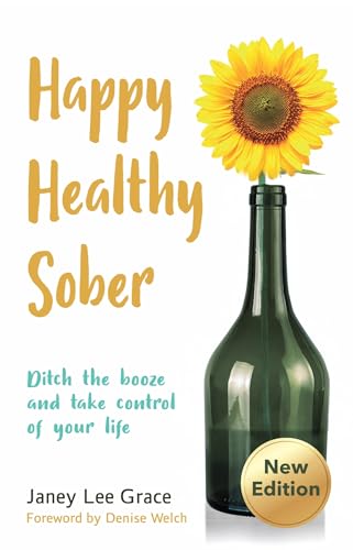 Book cover: "Happy Healthy Sober" with a sunflower in a bottle.