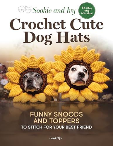 Book cover featuring two dogs wearing yellow crocheted sunflower-shaped hats.