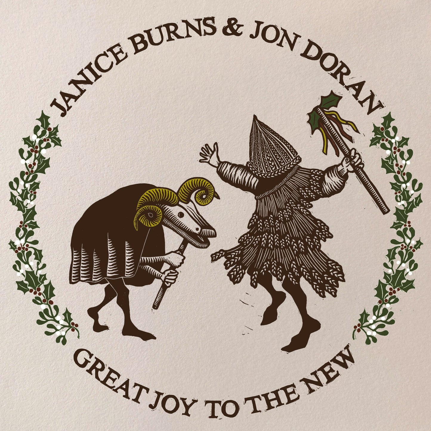 CD cover: folk illustration of a Wassailer and a ram within holly.