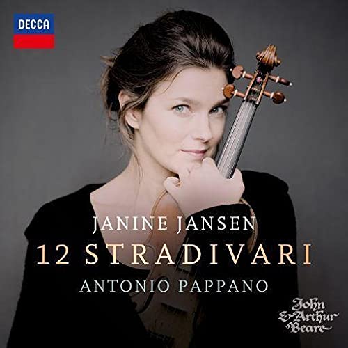 Janine Jansen holding a violin on the 12 Stradivari album cover.