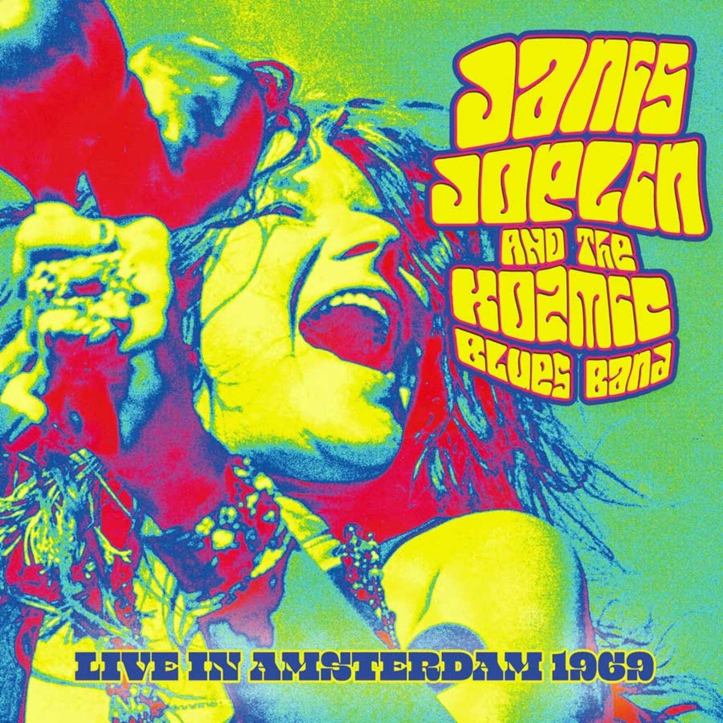 Janis Joplin album cover, psychedelic portrait with bright colors and text.