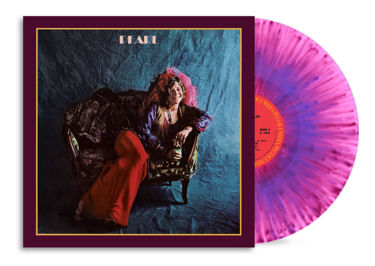 Janis Joplin's "Pearl" album cover with a pink and purple splatter vinyl record.