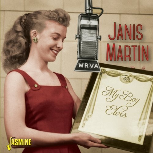 "Album cover with a woman holding a record titled 'My Boy Elvis'."