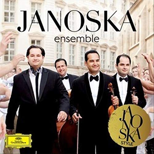 Four formally dressed musicians with string instruments, album cover.