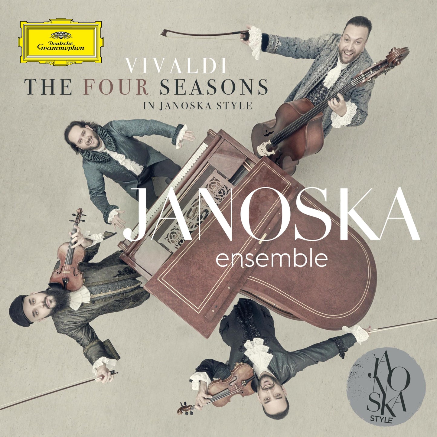 CD cover featuring four musicians around a grand piano.