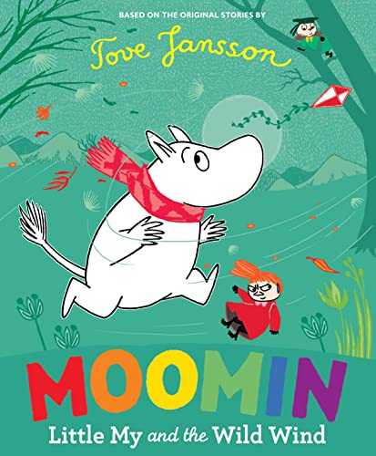 Moomin and Little My running in a windy, illustrated landscape.