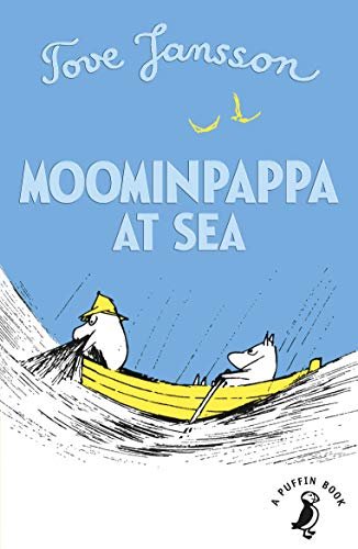 Book cover: Moominpappa and Little My in a yellow boat at sea.
