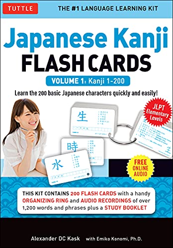 Japanese Kanji Flash Cards book cover with woman, cards, and sample characters.
