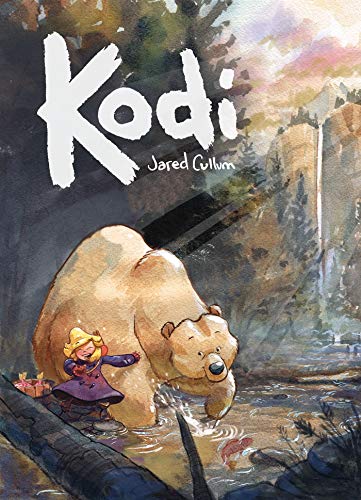 Book cover: Kodi, a bear and a child by a river.