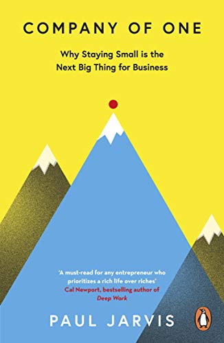 Book cover: "Company of One" with mountain range illustration, yellow background.