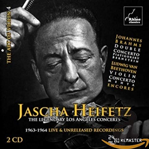 Black and white portrait of violinist Jascha Heifetz playing his instrument on CD cover.