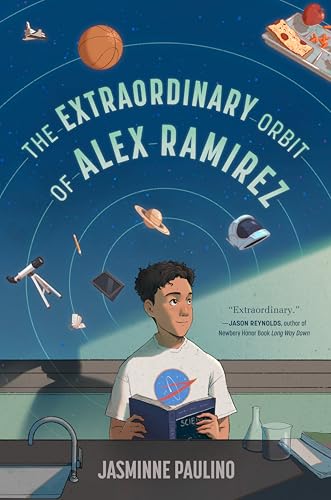 Book cover: boy reading with orbiting planets, basketball, and spaceship.