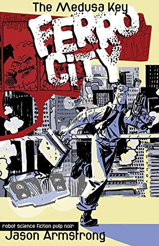 Comic book cover: man running with briefcase in a futuristic city.