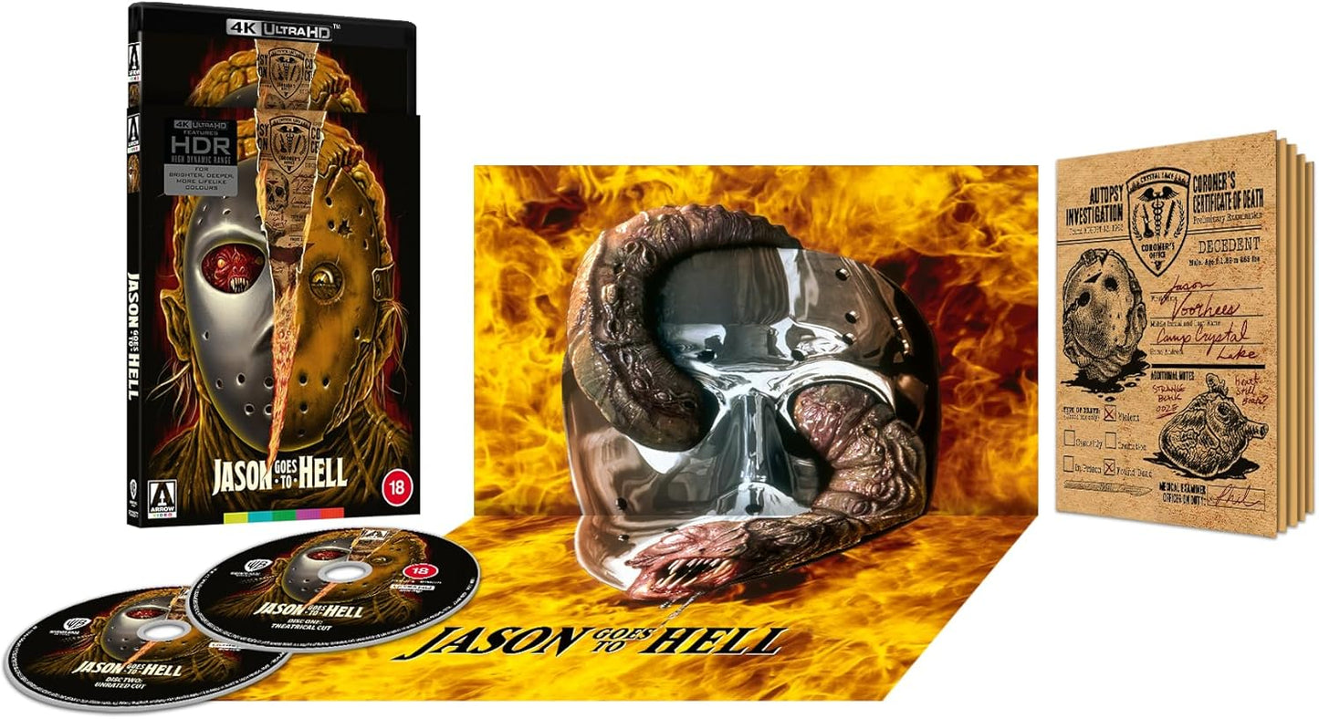 Jason Goes to Hell Blu-ray set featuring a hockey mask, discs, and autopsy report.