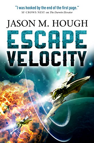 Book cover: “Escape Velocity” with spaceships amid a fiery, planetary scene.