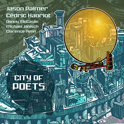 Album cover for “City Of Poets” featuring illustrated cityscape and airplane.