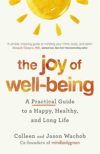 Book cover with a sun illustration and orange title: "The Joy of Well-Being.