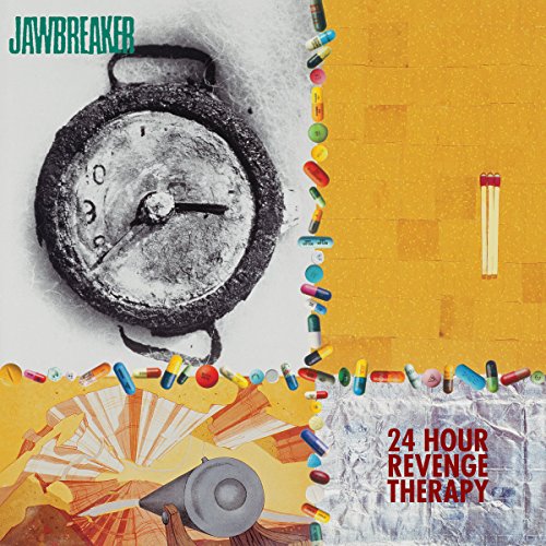 Jawbreaker album cover: clock, pills, tape recorder on yellow background.