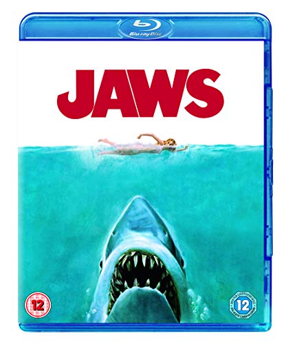Jaws" Blu-ray cover: a shark rising towards a swimmer in blue water.