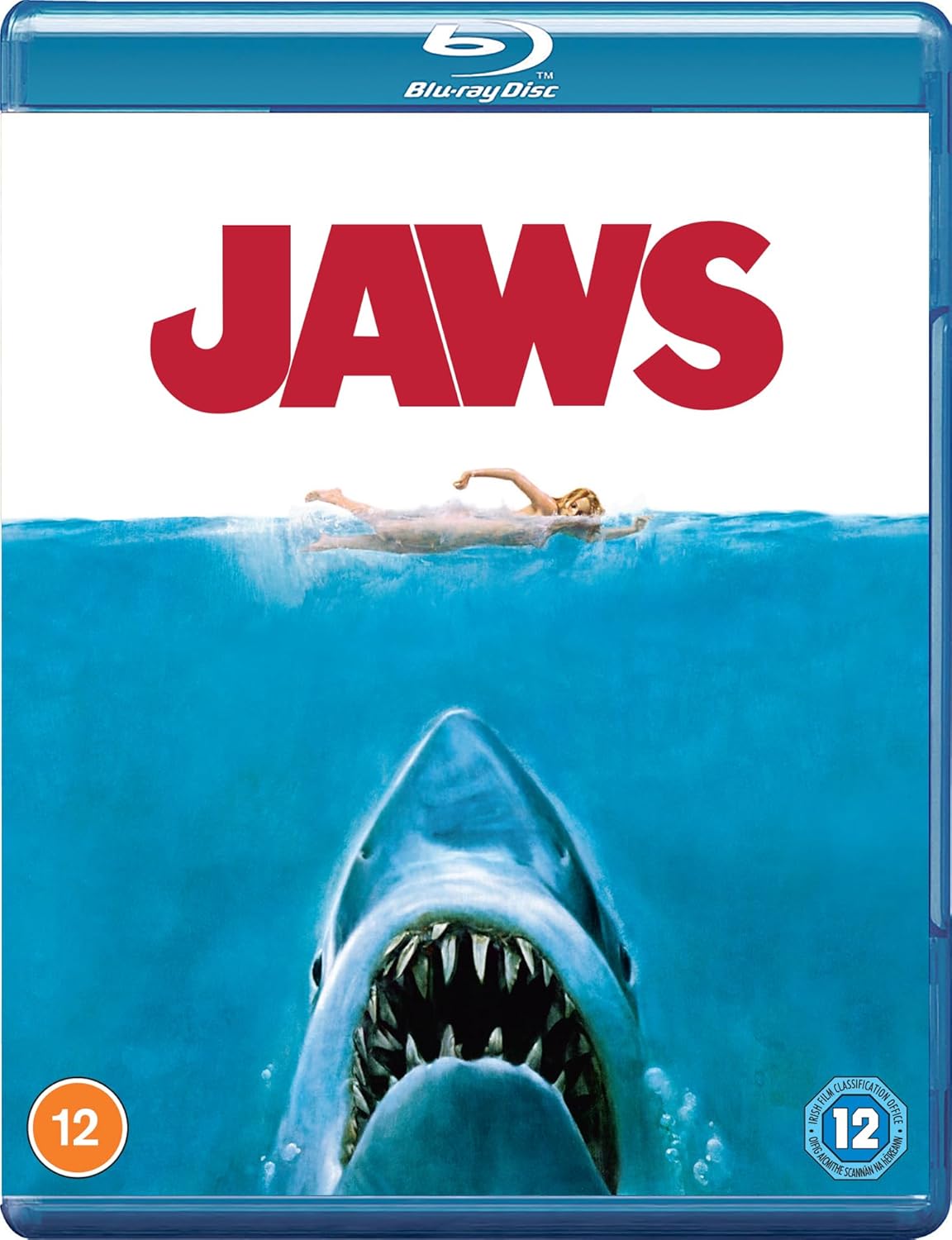 Jaws" Blu-ray cover featuring a shark rising towards a swimmer.