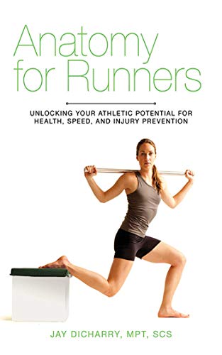 Book cover: “Anatomy for Runners” with a runner stretching.