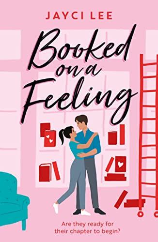 Book cover featuring a couple embracing in a library with a pink background.