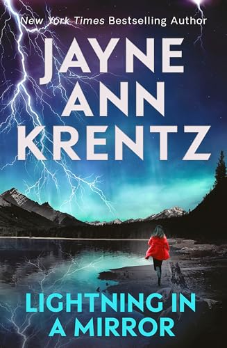 Book cover: stormy sky, mountains, woman walking towards dark water.