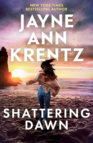 Book cover: woman running on a beach at sunset, title “Shattering Dawn”.