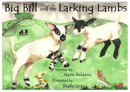 Watercolor book cover featuring two lambs, a robin, and green fields.