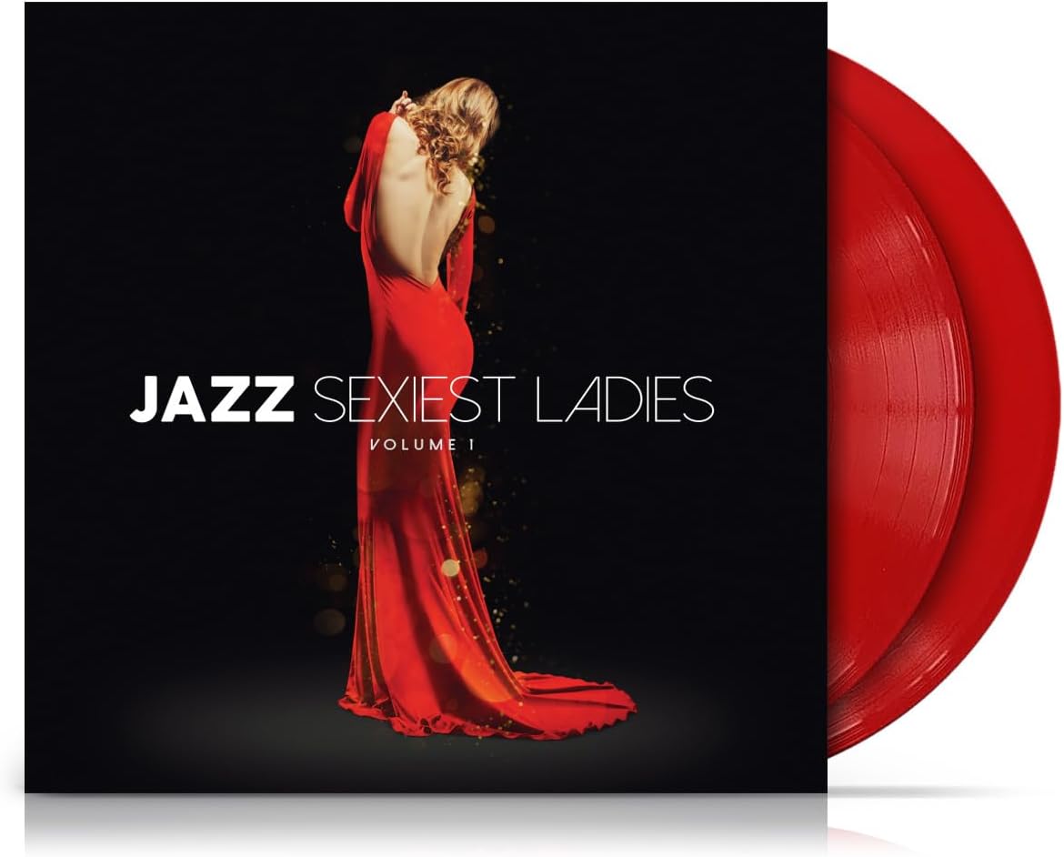 Red vinyl record with album cover featuring a woman in a red dress.