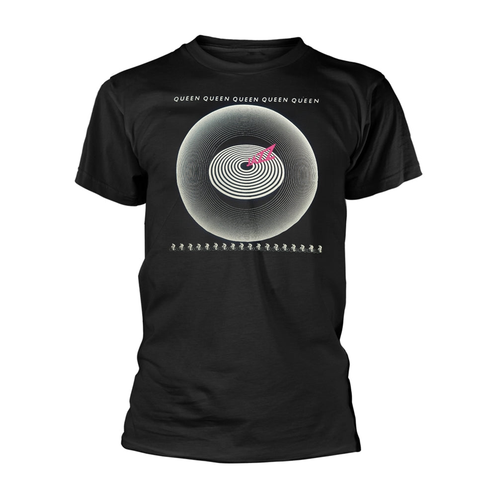 Black t-shirt with a white and red vinyl record graphic on the front.