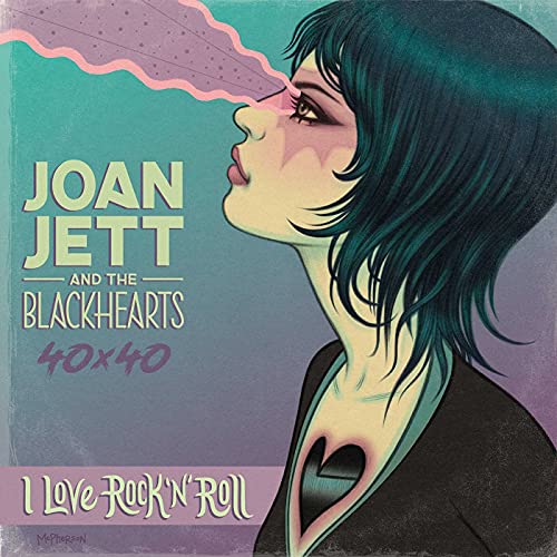 Joan Jett album cover: illustrated profile of a woman smoking, teal background.