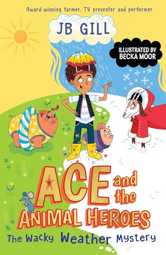 Book cover featuring a boy, animals, and varied weather conditions.