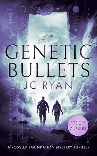 Book cover: “Genetic Bullets” thriller with two figures in a landscape.