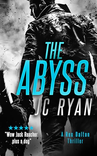 Book cover: man with dog, dark background, large blue title "The Abyss".
