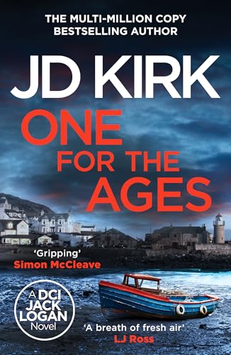 Book cover featuring a blue fishing boat on a shore with a coastal village.