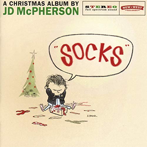 “Socks” CD cover: cartoon of a person opening gifts under a Christmas tree.