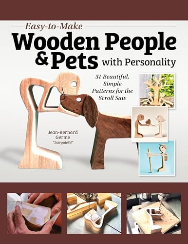 Book cover featuring wooden cutouts of people and pets, scroll saw patterns.