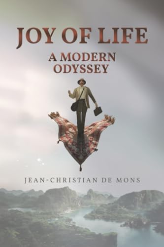 Book cover: man standing on a flying carpet over mountains.