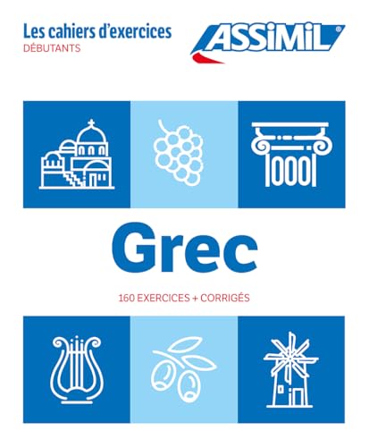 Grec Debutants" language learning book cover with Greek imagery and icons.