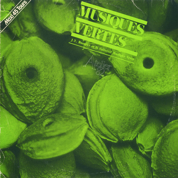 Record cover: "Musiques Vertes" by Jean-Yves Bosseur, featuring green lemons.