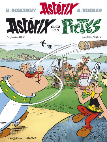 Asterix comic book cover featuring characters and a Scottish landscape.