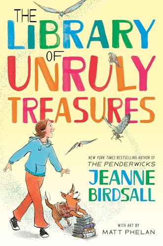 Book cover: girl, dog, and birds above a stack of books.
