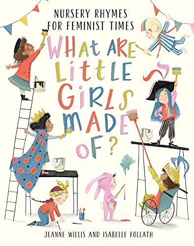 Book cover featuring diverse girls in costumes painting colorful letters on a white background.