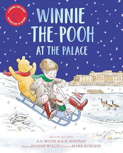 Winnie-the-Pooh, a boy, and Piglet sledding in the snow near a palace.