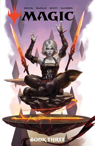 Book cover featuring a white-haired woman meditating with floating glowing orange swords.