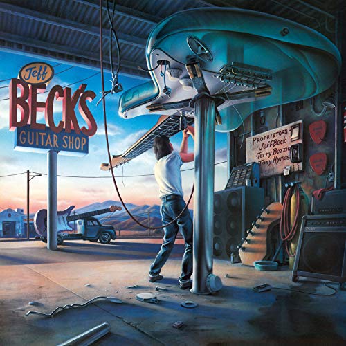 Album cover for Jeff Beck Group’s “Guitar Shop” featuring a mechanic and guitars.