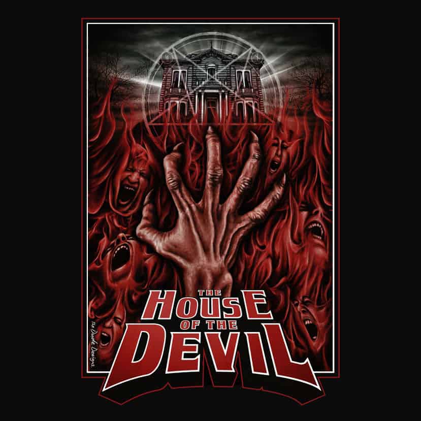 Haunted house illustration with reaching hands and red title text.