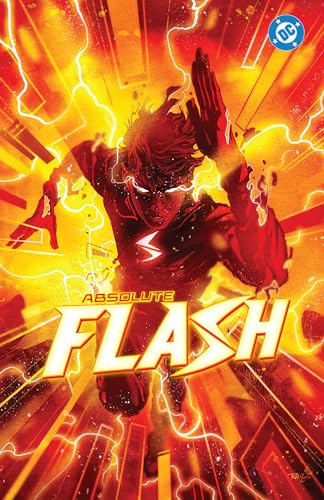 The Flash running forward surrounded by yellow lightning on a red and orange background.